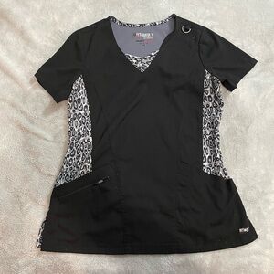 Black and grey cheetah print scrub top